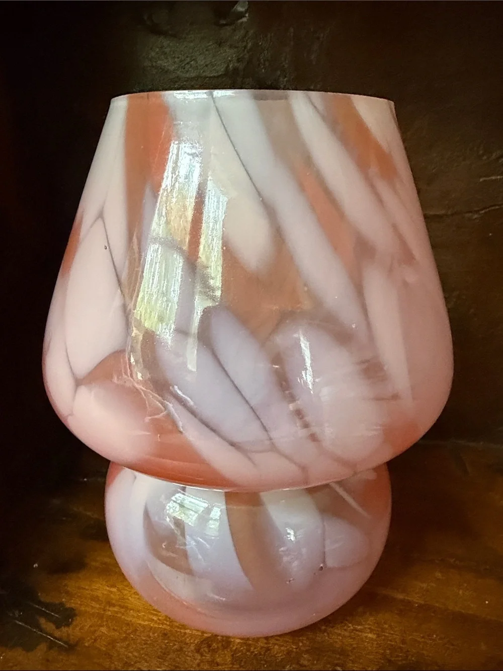 Blush Pink Swirl Art Glass Vase or votive LED light holder Mushroom shaped